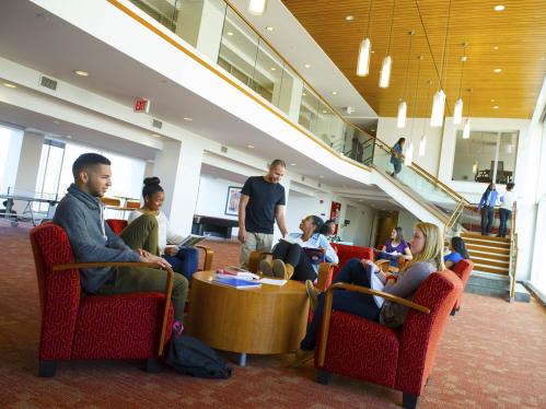 students in a lobby